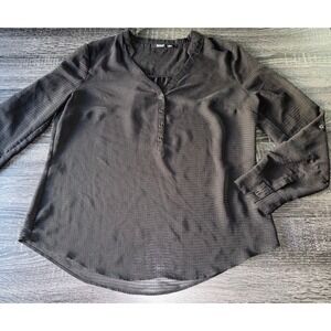 A.N.A A New Approach Large Sheer Black Textured Henley Blouse Roll Tab Sleeve